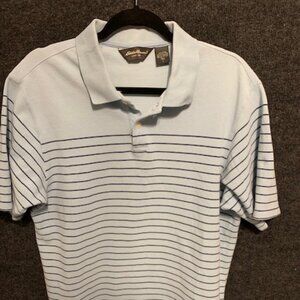 Eddie Bower Knit Golf Shirt Light Blue with Navy Pin Stripe Men's L